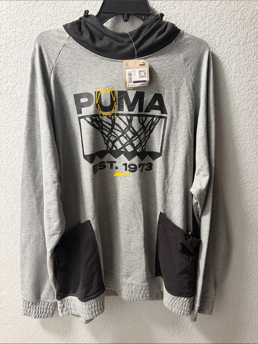 Puma Men’s Gray Hoodie with Black Pockets and Yellow Graphic
